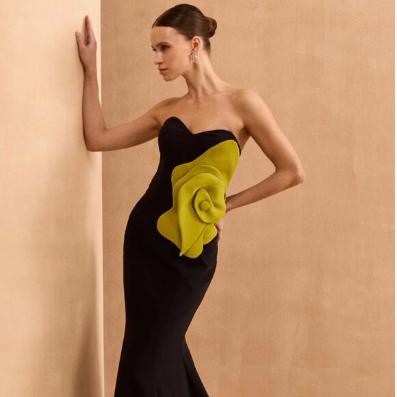 MNM Couture Strapless Mermaid Gown in Black with Green Flower - Picture 1 of 6